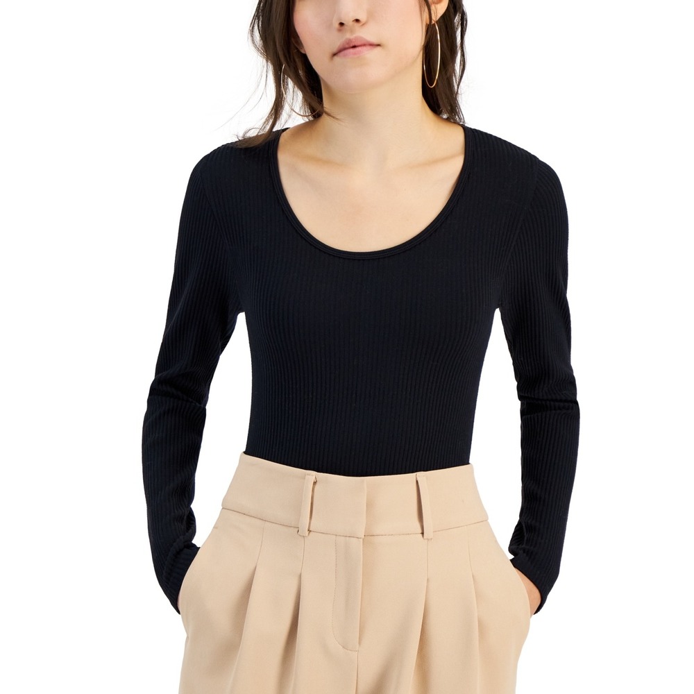 Hippie Rose Juniors' Scoop-Neck Long-Sleeve Seamless Bodysuit - Black Size XL